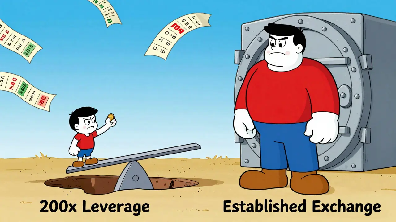 Cartoon trader risking everything on high leverage vs safe vault
