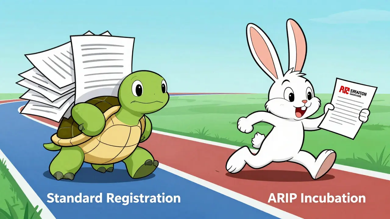 Cartoon turtle vs rabbit race showing standard vs ARIP crypto licensing paths
