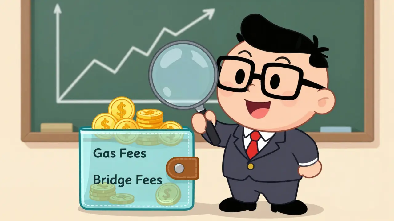 Character analyzing crypto bridge fees and gas costs