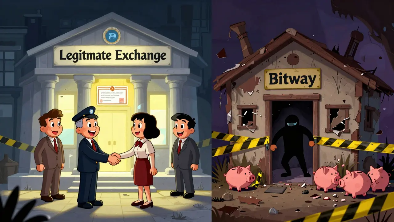 Comparison cartoon showing a secure bank versus a crumbling scam shack with fleeing owners.
