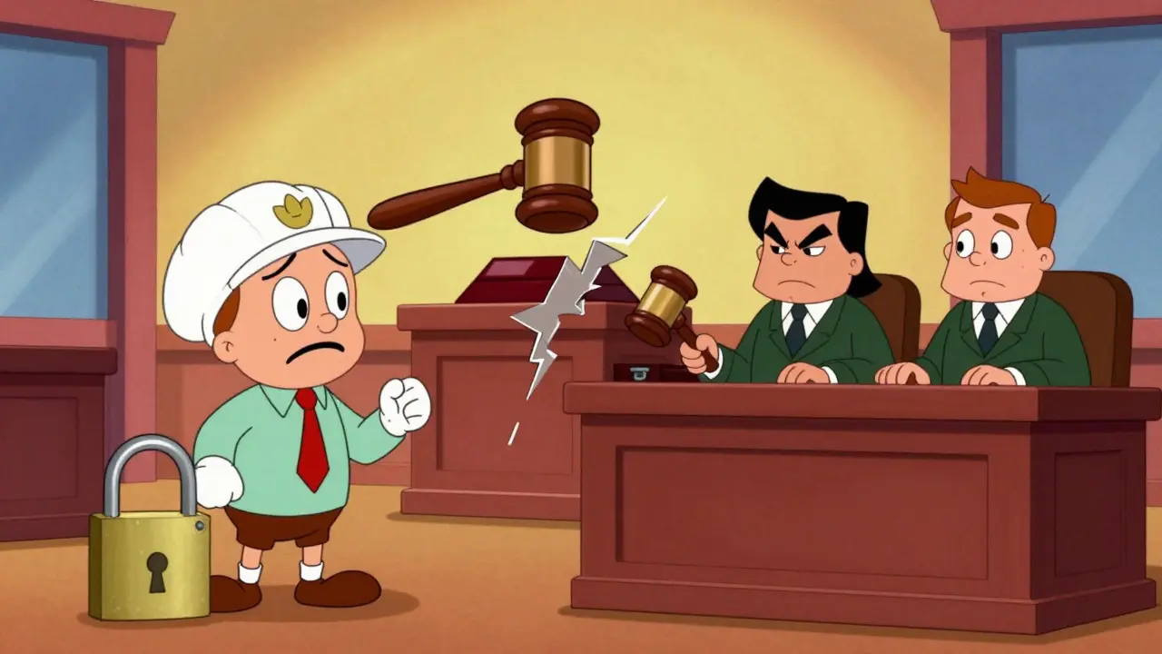 Courtroom scene showing split verdict on developer