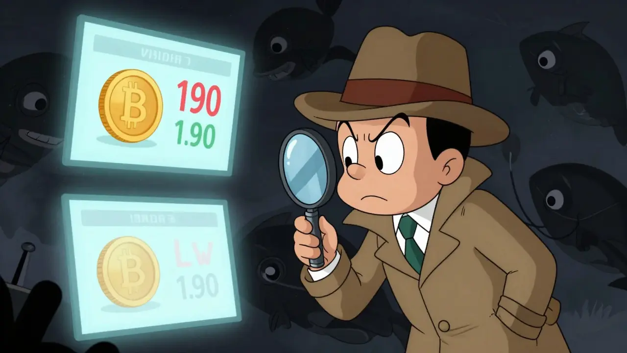 Detective investigating conflicting crypto prices with shadowy whales