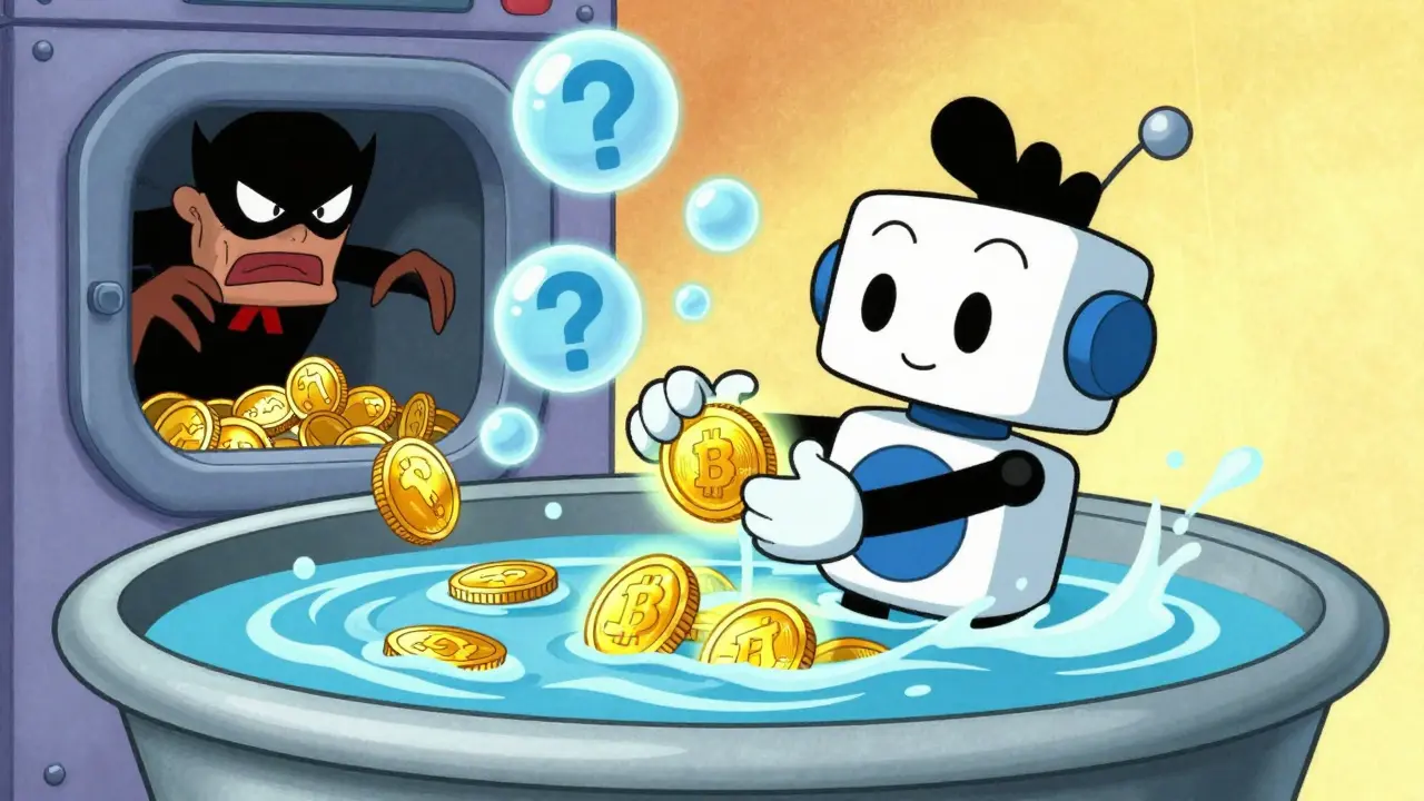 Digital coin laundry washing crypto with villains