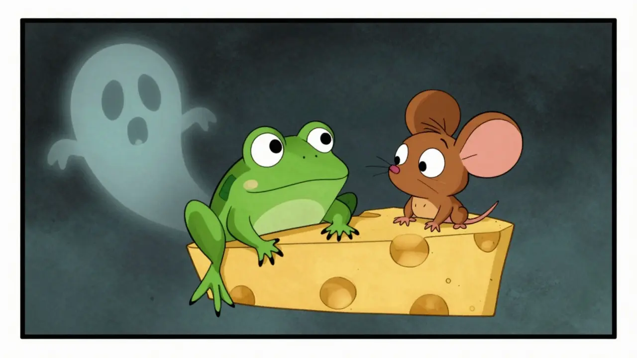 Faded frog and mouse characters floating in void representing dead meme coin
