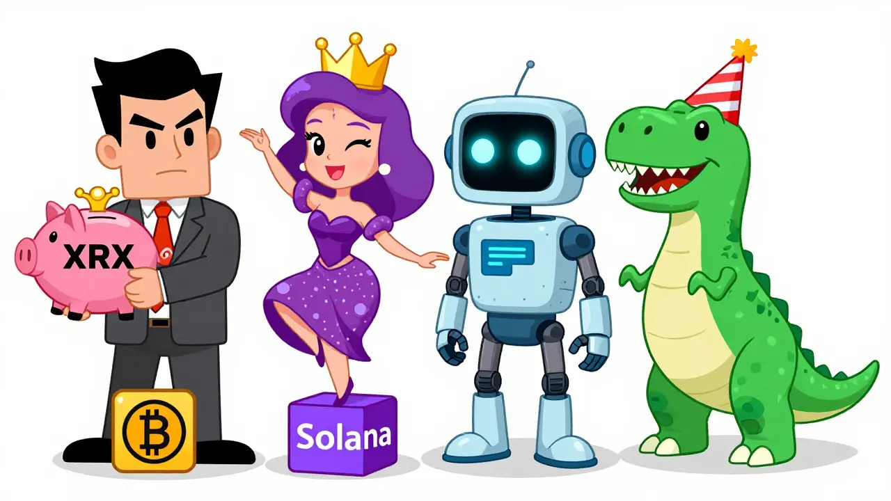 Four cartoon characters representing different REX crypto tokens