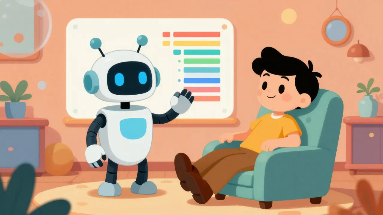 Friendly robot AI assistant explaining voting data to a user