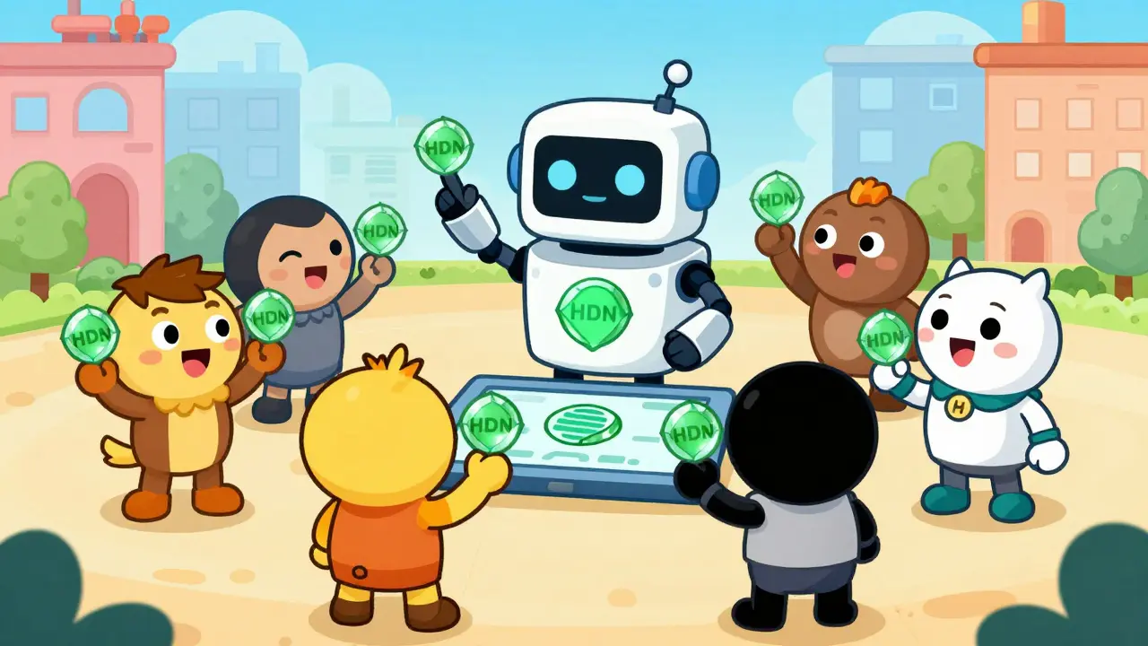 Group of cartoon characters voting with HDN tokens in a DAO setting