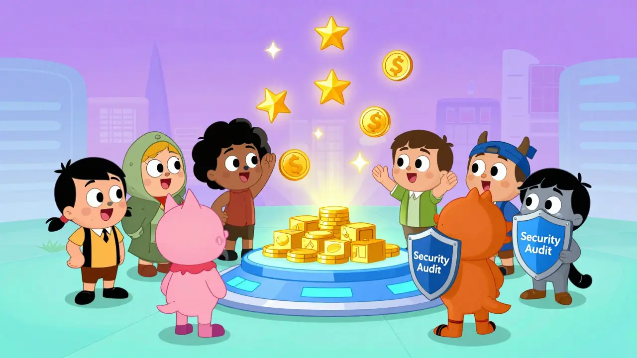 Group of cartoon crypto characters celebrating secure token burns