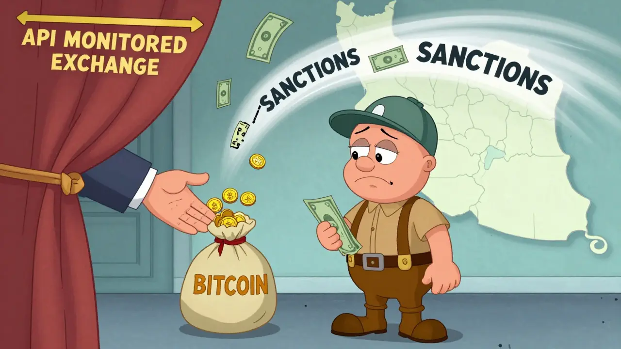 Hanna-Barbera style cartoon: Miner forced to sell Bitcoin for fiat currency through government-monitored exchange