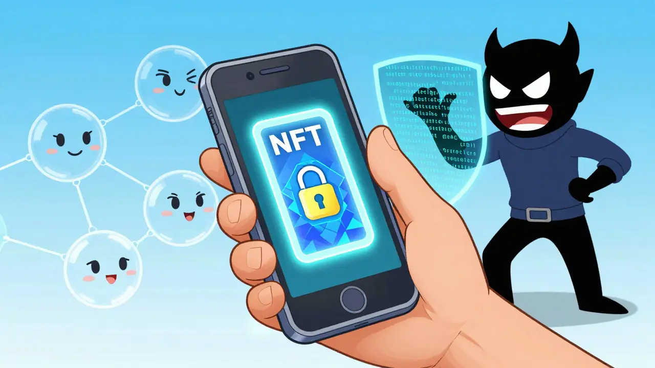 Happy fan holding secure NFT ticket on phone