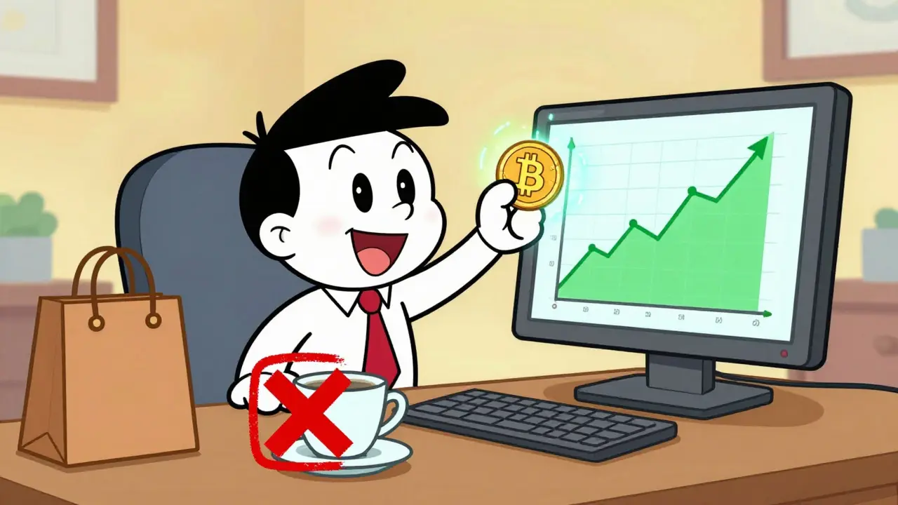Happy investor trading crypto while payment usage is blocked by a red cross