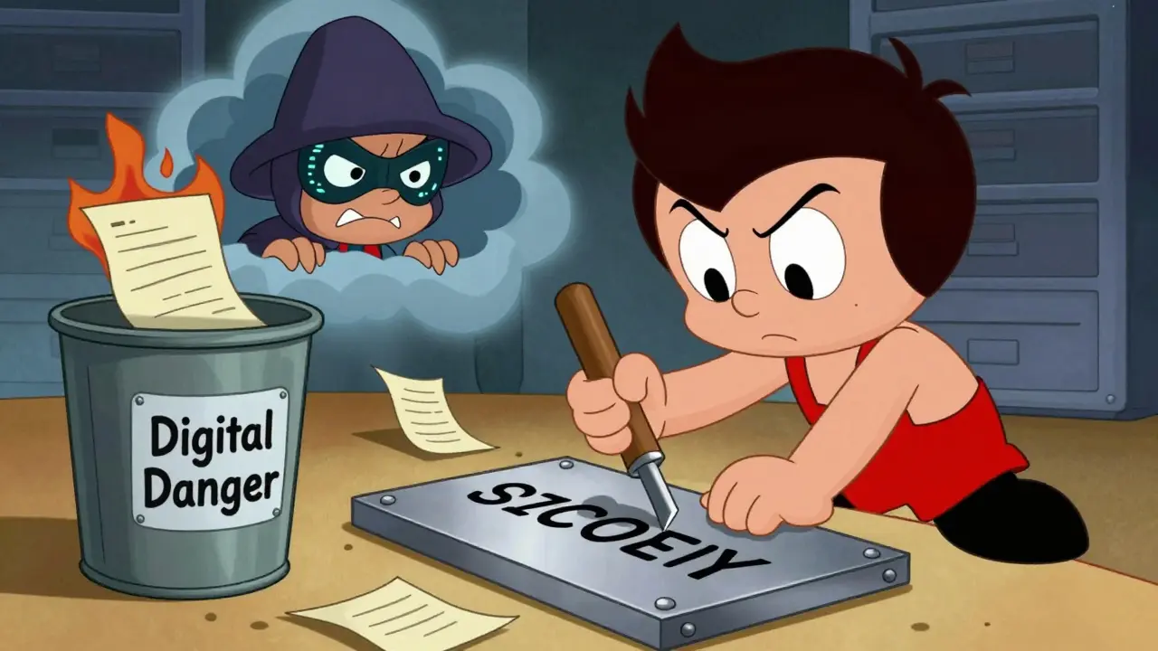 Hero engraving seed phrase on metal plate away from hackers