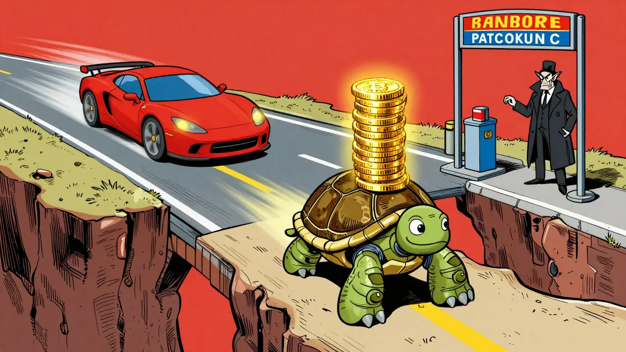Illustration comparing slow secure bridges vs fast risky ones