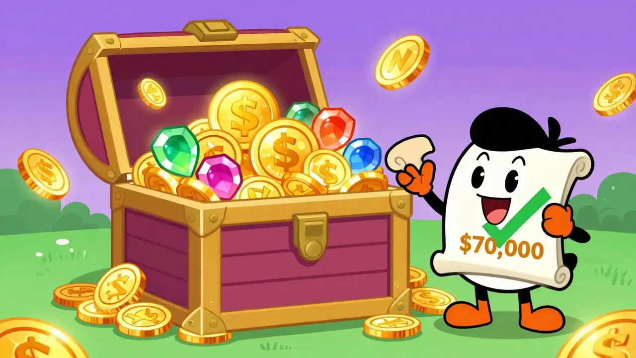 Illustration of a treasure chest filled with crypto rewards