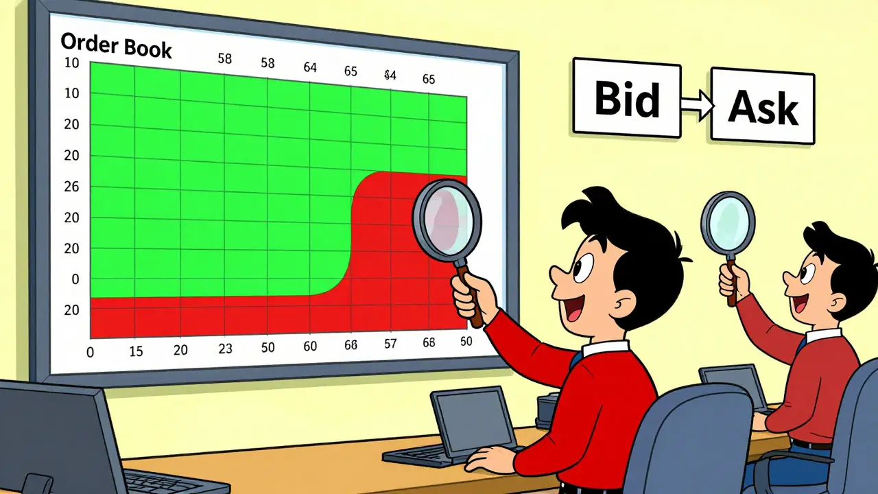 Illustration of traders analyzing bid-ask spread and order book depth