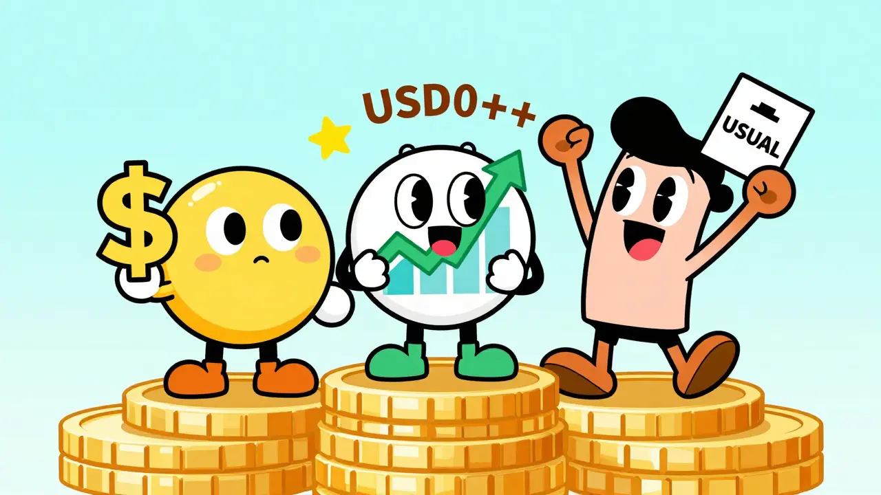 Three cartoon characters representing USD0, USD0++, and USUAL tokens