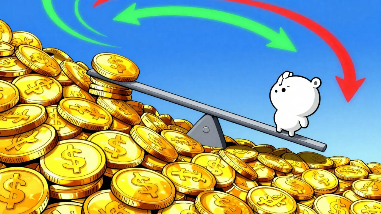 Tiny character on a seesaw against a mountain of coins, cartoon style