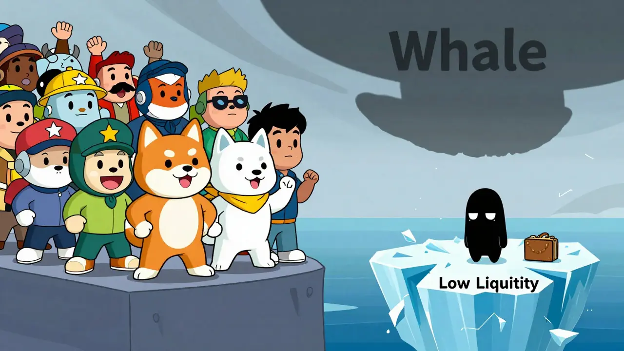 Tiny token character on cracking ice vs vibrant established crypto giants