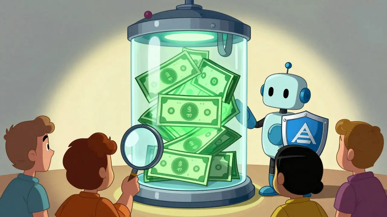 Transparent vault with treasury bills and a guardian robot
