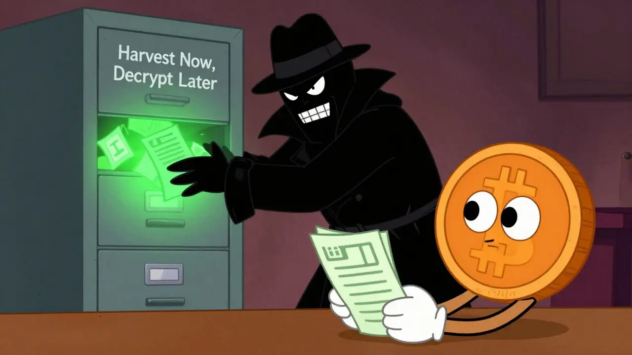 Villain archiving data while Bitcoin mascot checks new receipts