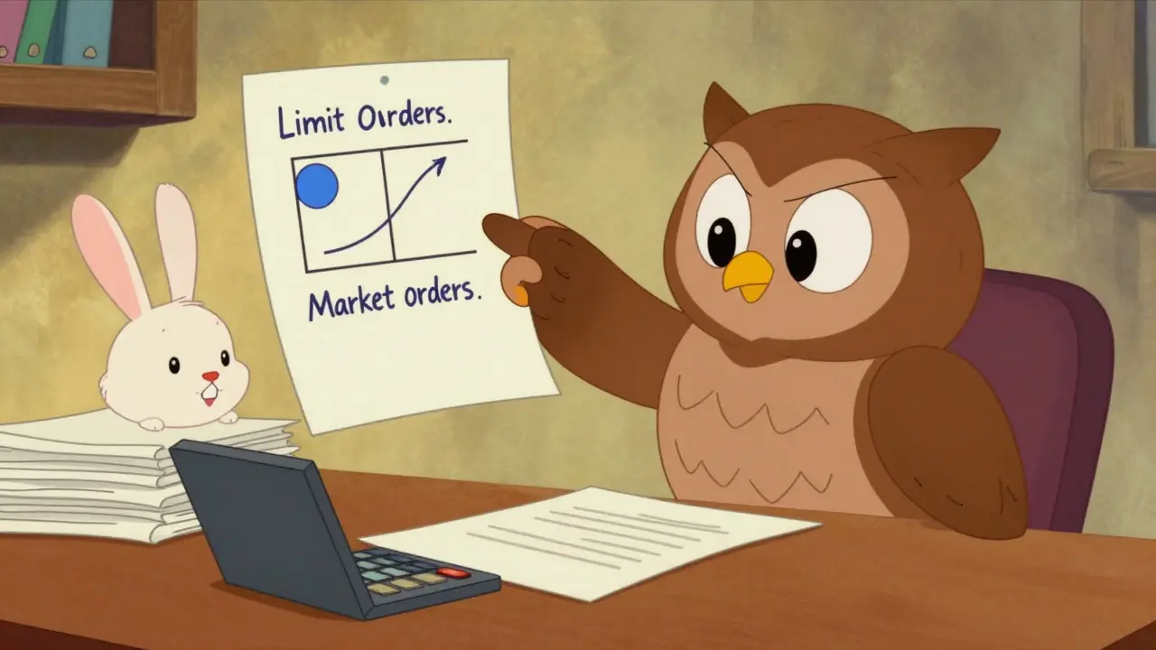 Wise owl teaching rabbit about trading fee reduction strategies