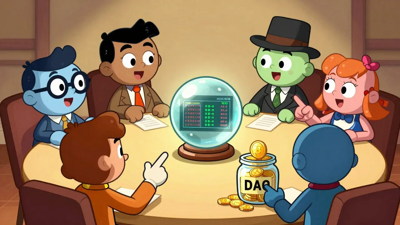 AI agents around a table governing a DAO with staked tokens