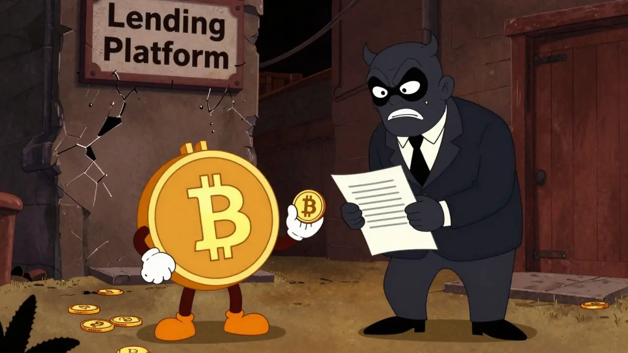 Cartoon Bitcoin nervously lending coins to a shady figure in an alley