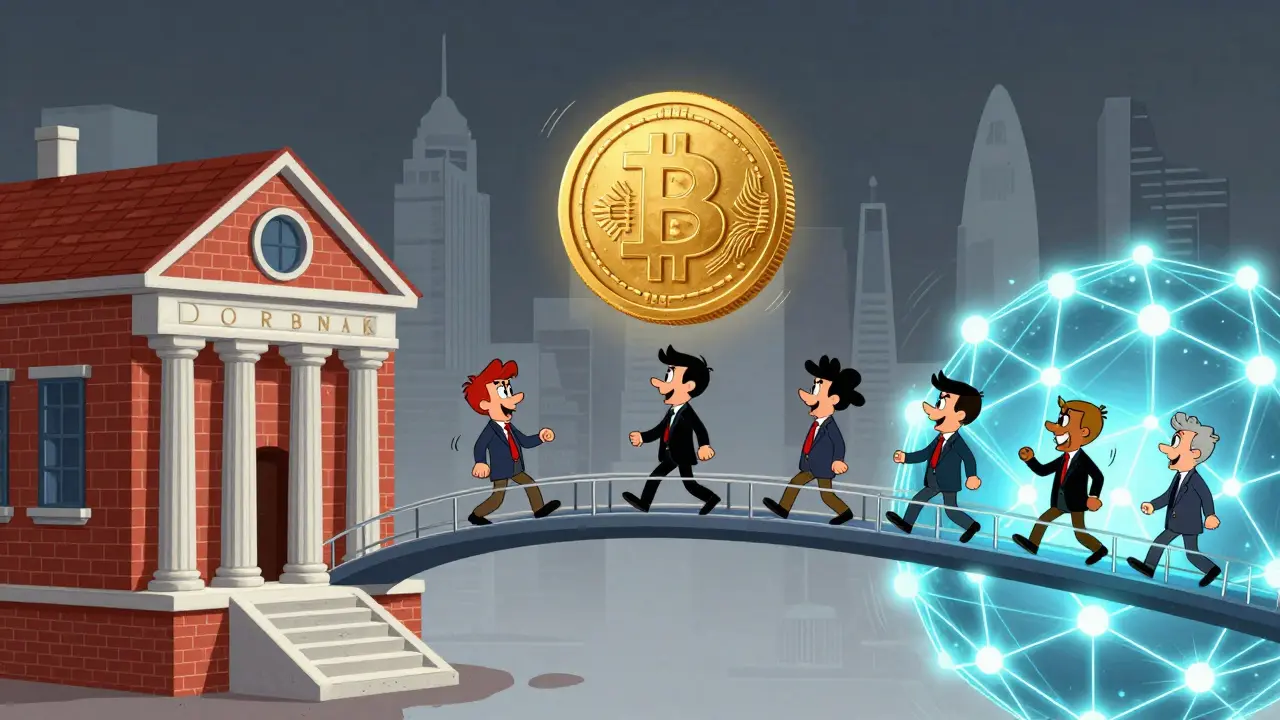 Cartoon bridge connecting traditional bank to blockchain network