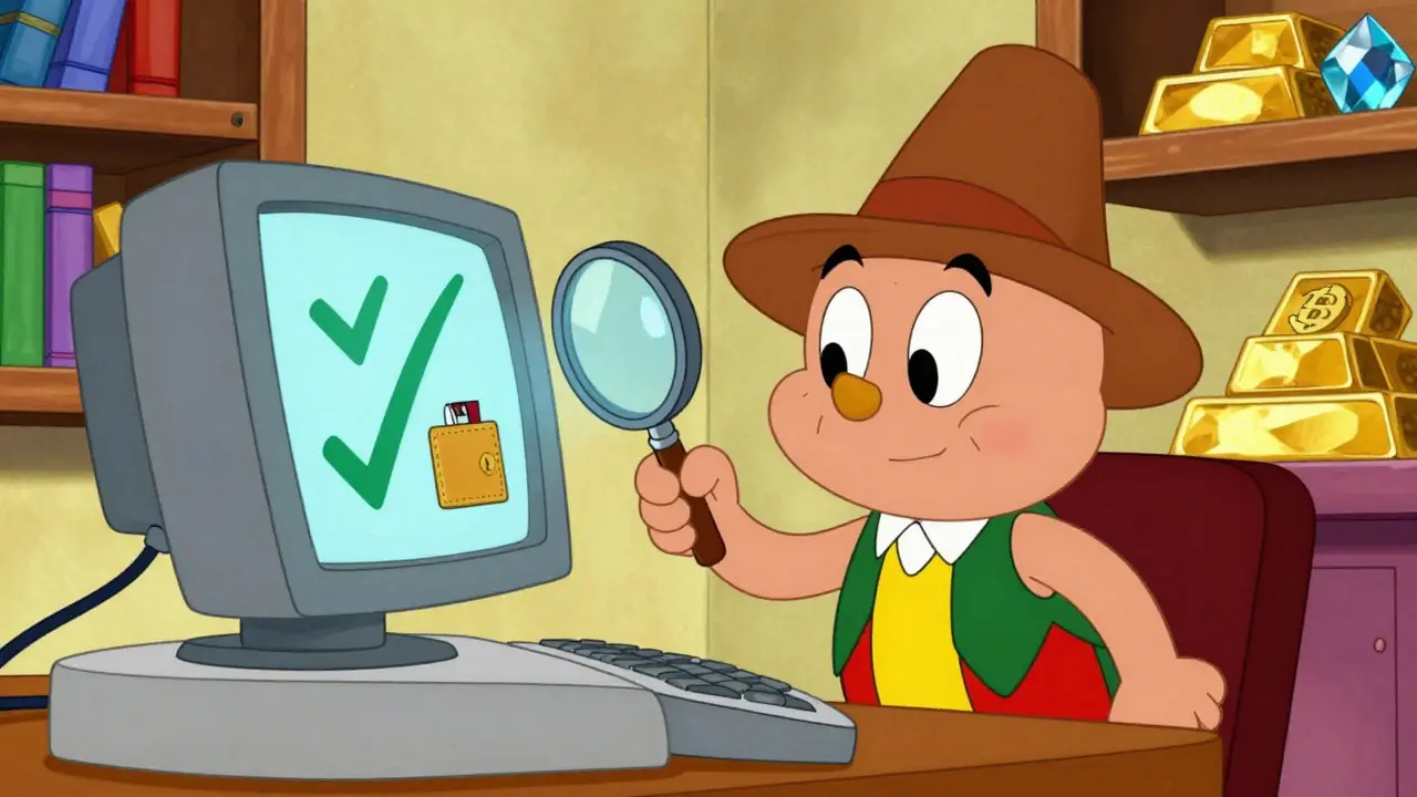Cartoon character checking wallet eligibility with a magnifying glass