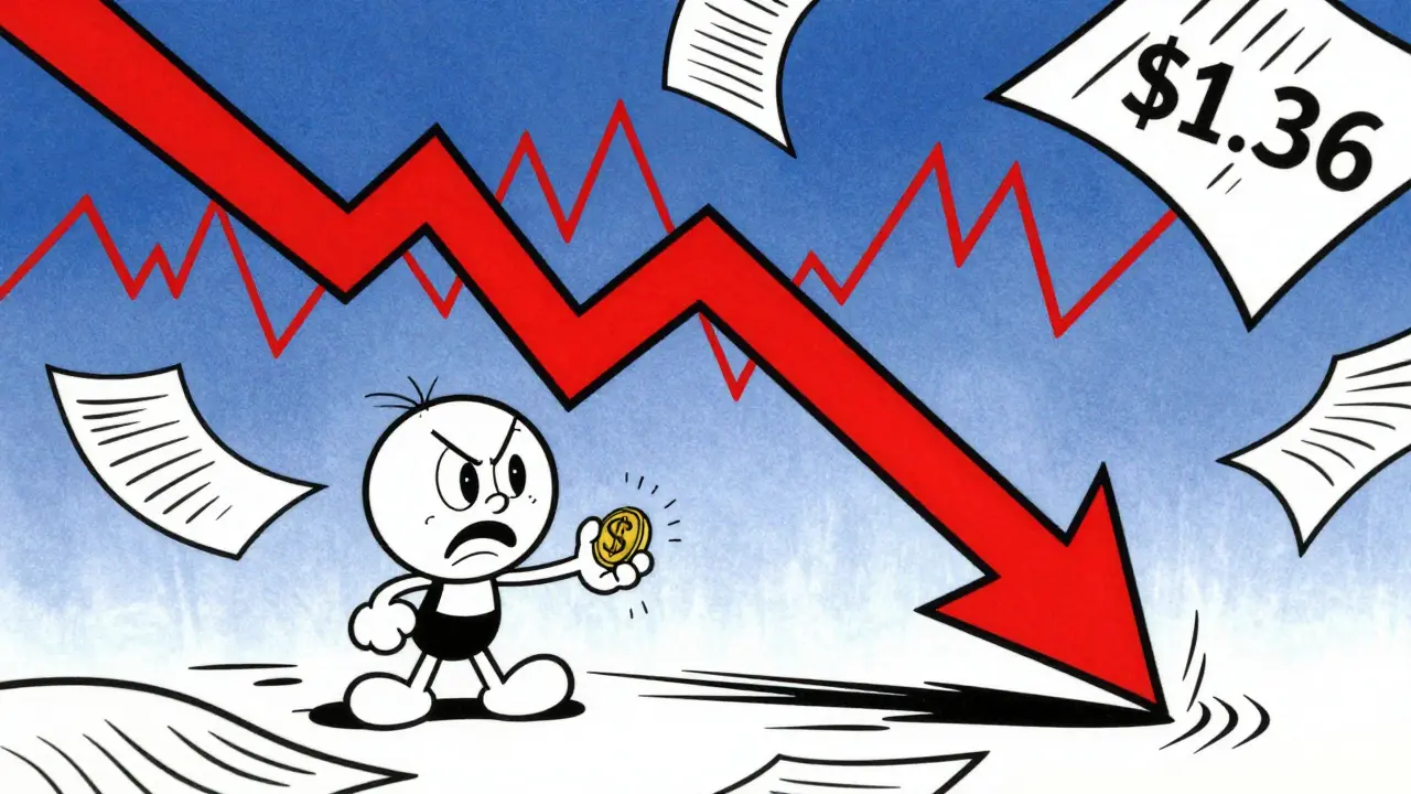 Cartoon character crushed by falling price chart
