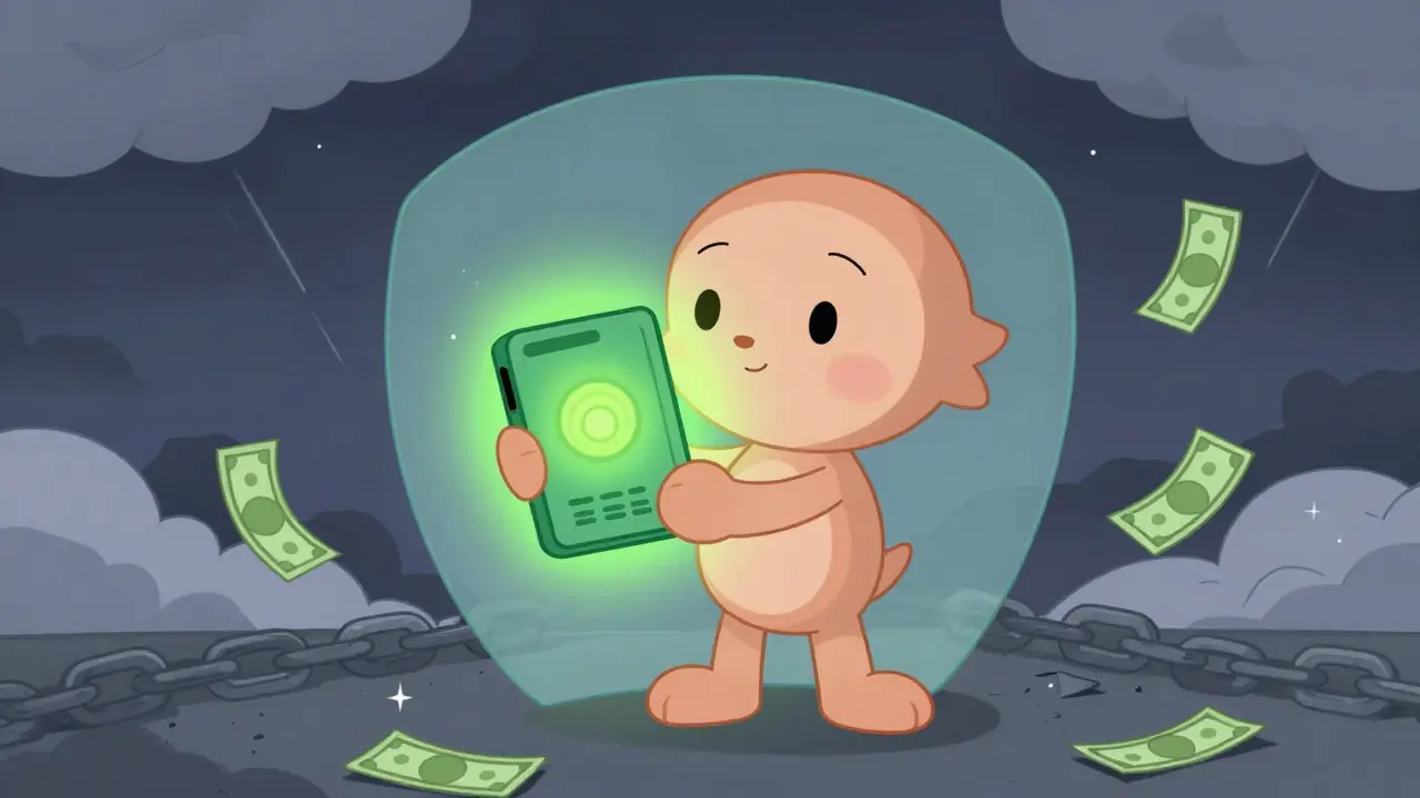 Cartoon character protecting assets with a glowing hardware wallet
