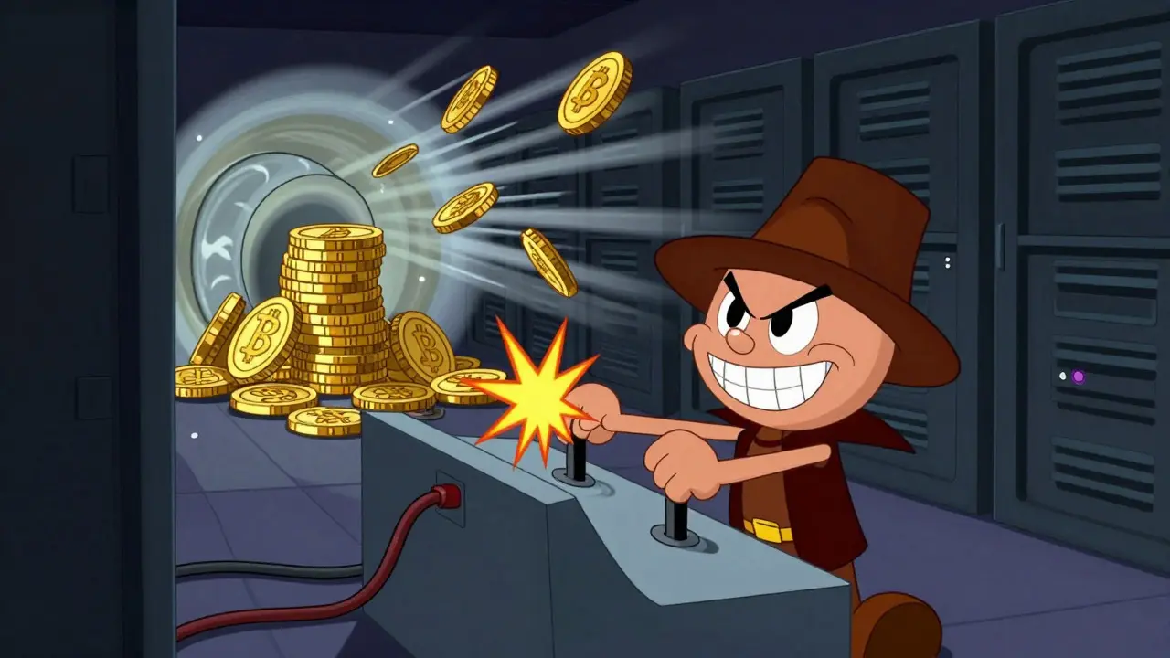 Cartoon hacker stealing crypto coins from a server room