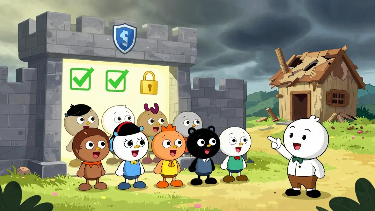 Cartoon of safe crypto fortress vs dangerous shack