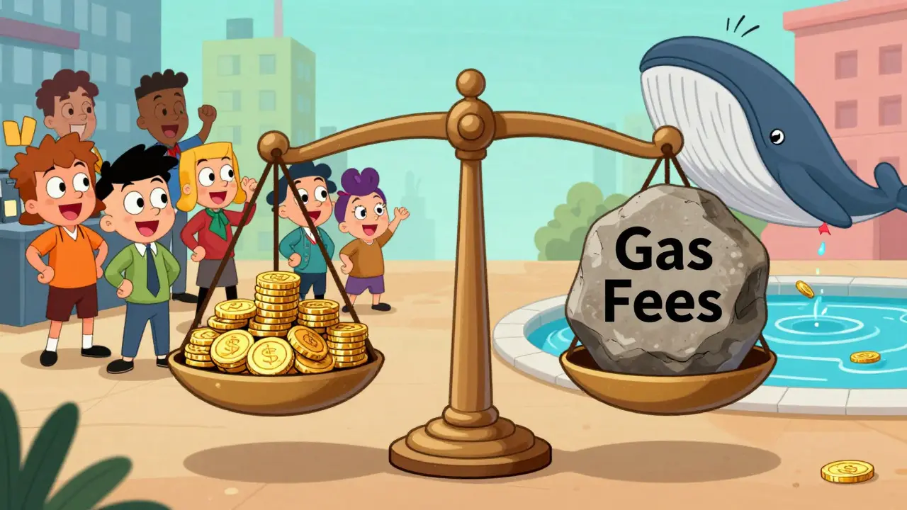Cartoon scale comparing low Minswap fees to high competitor costs