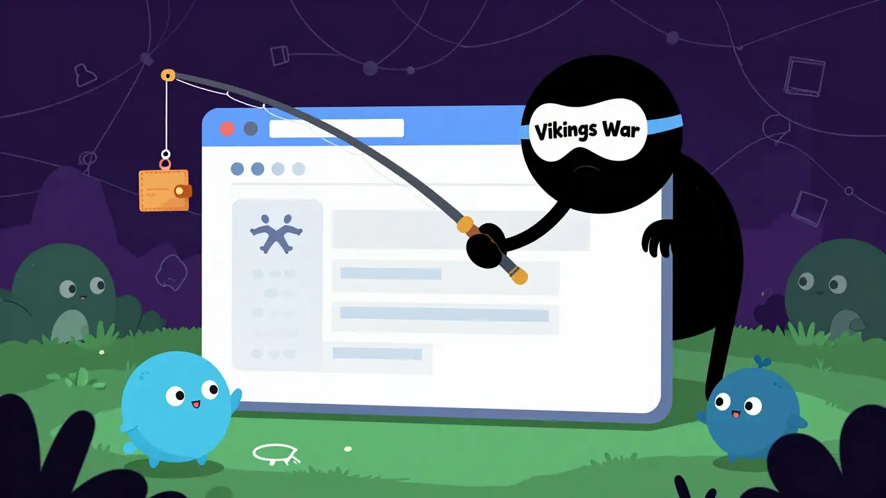 Cartoon scammer hiding behind fake site trying to steal crypto wallets
