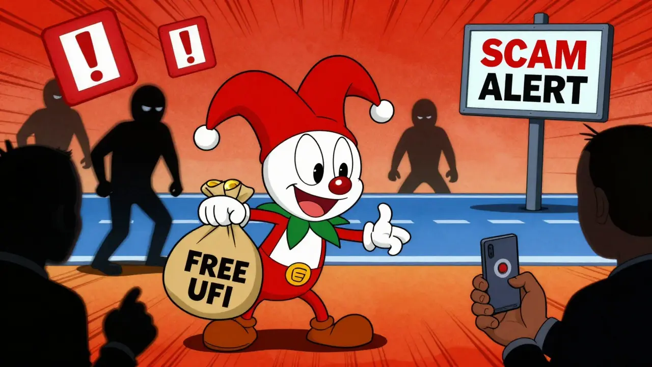 Cartoon scammer offering free tokens to a naive crypto user