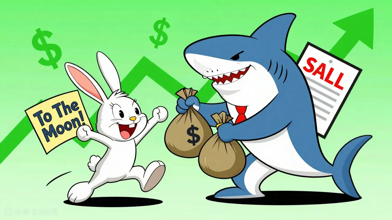 Cartoon shark broker selling crypto to an excited rabbit during market hype