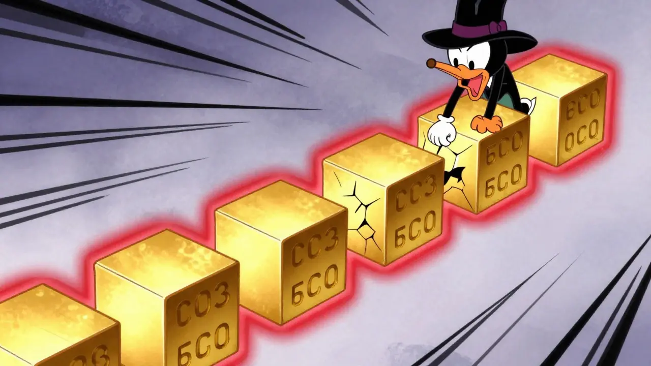 Cartoon showing blockchain links breaking when altered