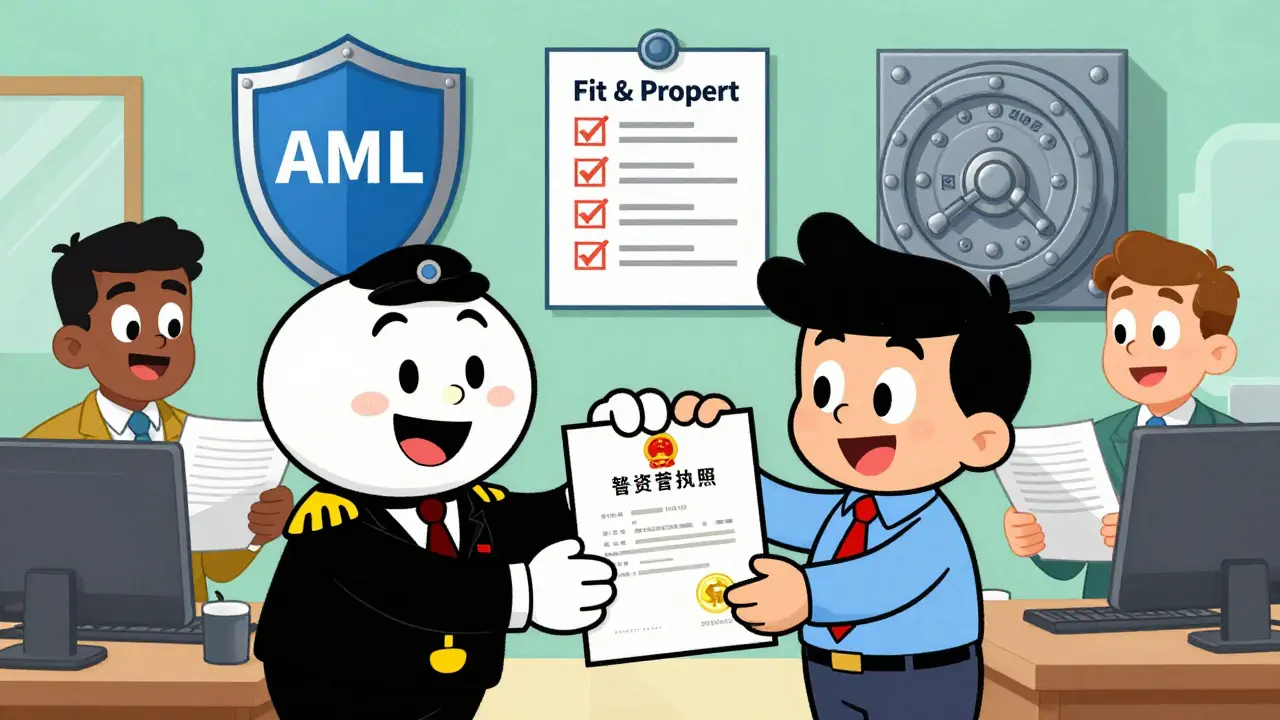 Cartoon team getting crypto license and compliance docs from regulator