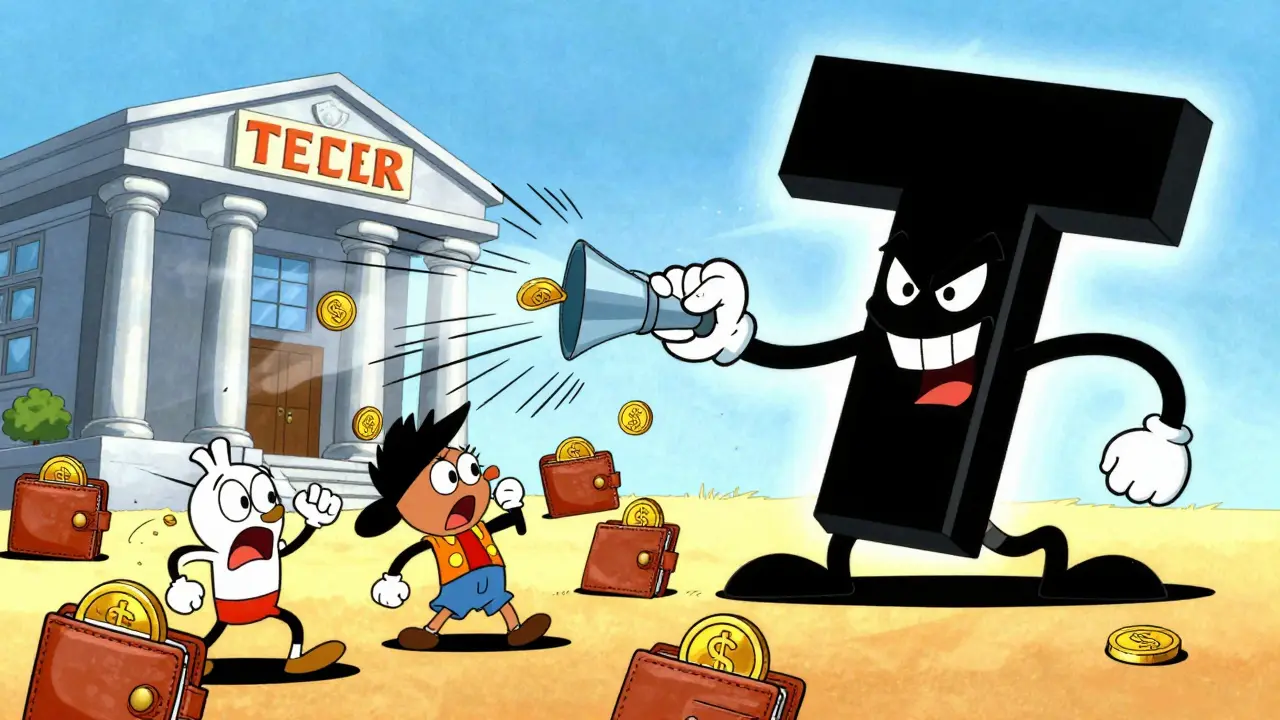 Cartoon Tether logo sucking away digital coins from users