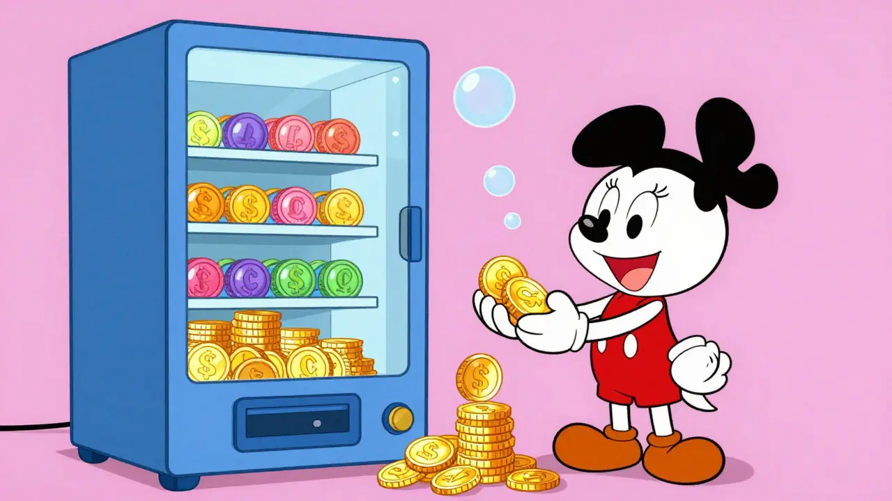 Character receiving ORCA tokens from a vending machine pool
