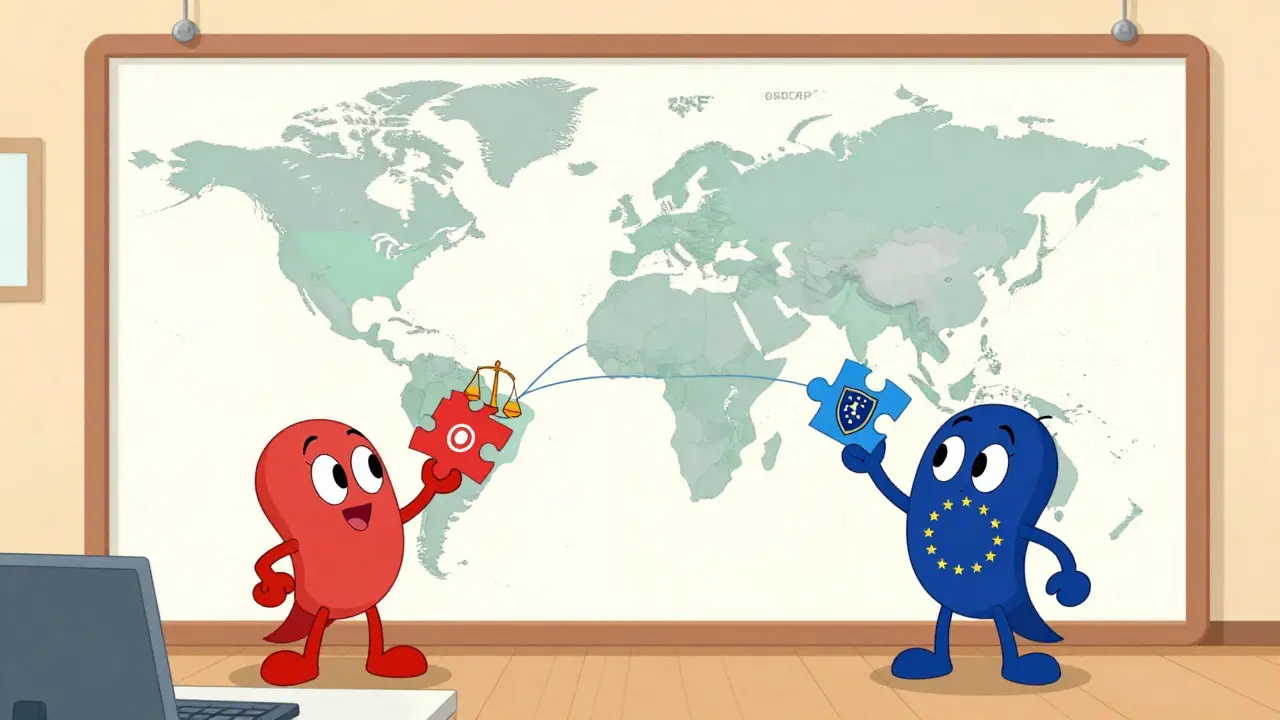 Characters connecting puzzle pieces on a global regulatory compliance map.