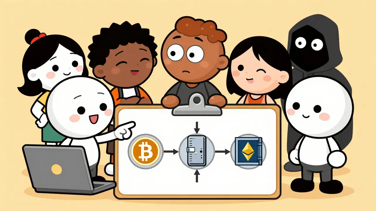 Characters setting up a 2-of-3 multisig wallet with laptops and hardware devices