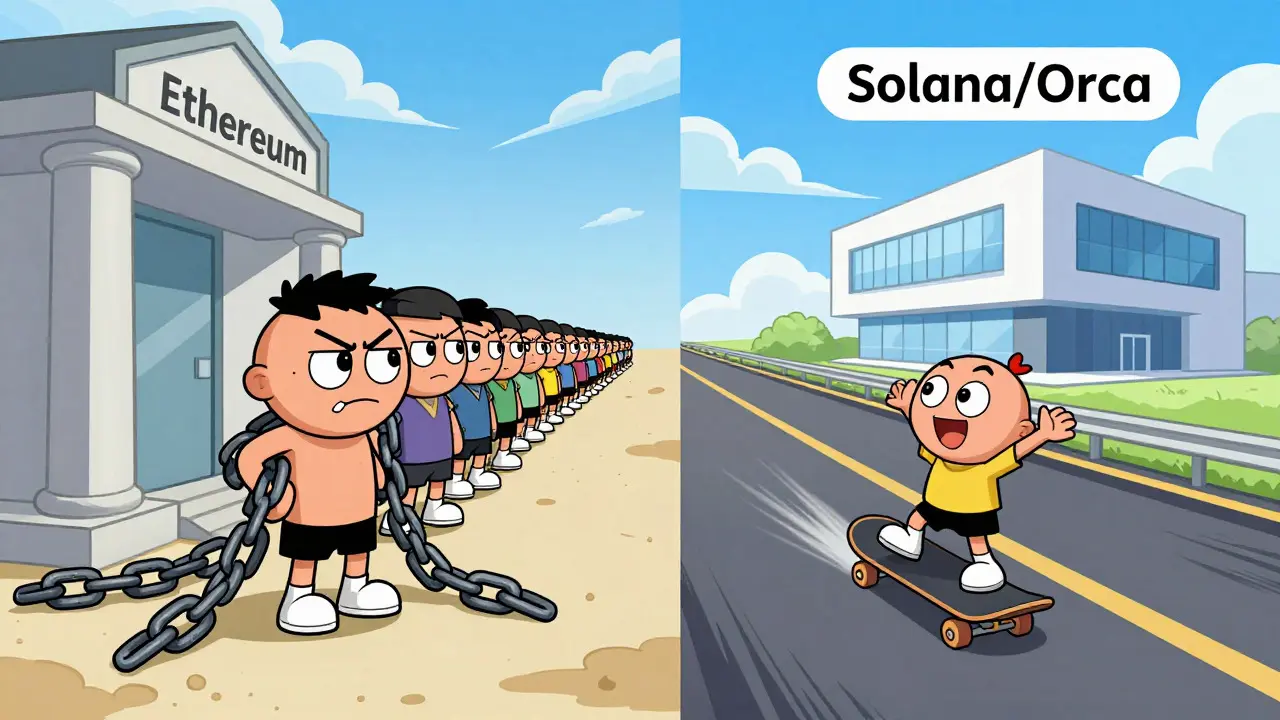 Comparison of slow Ethereum vs fast Solana trading speeds