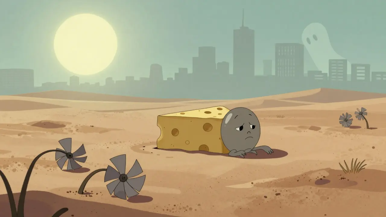 Deflated cheese balloon in dusty abandoned desert