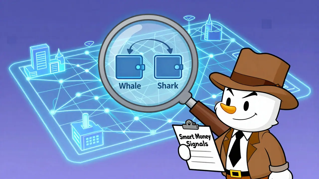 Detective analyzing blockchain whale movements with a magnifying glass