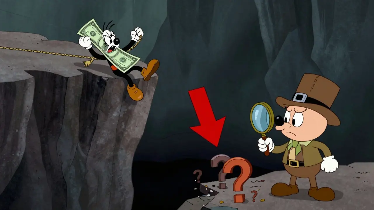 Dollar bill character falling off a cliff