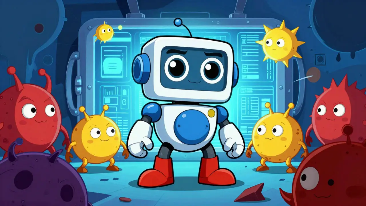 Friendly AI robot guarding a digital vault against shadowy cyber threats.