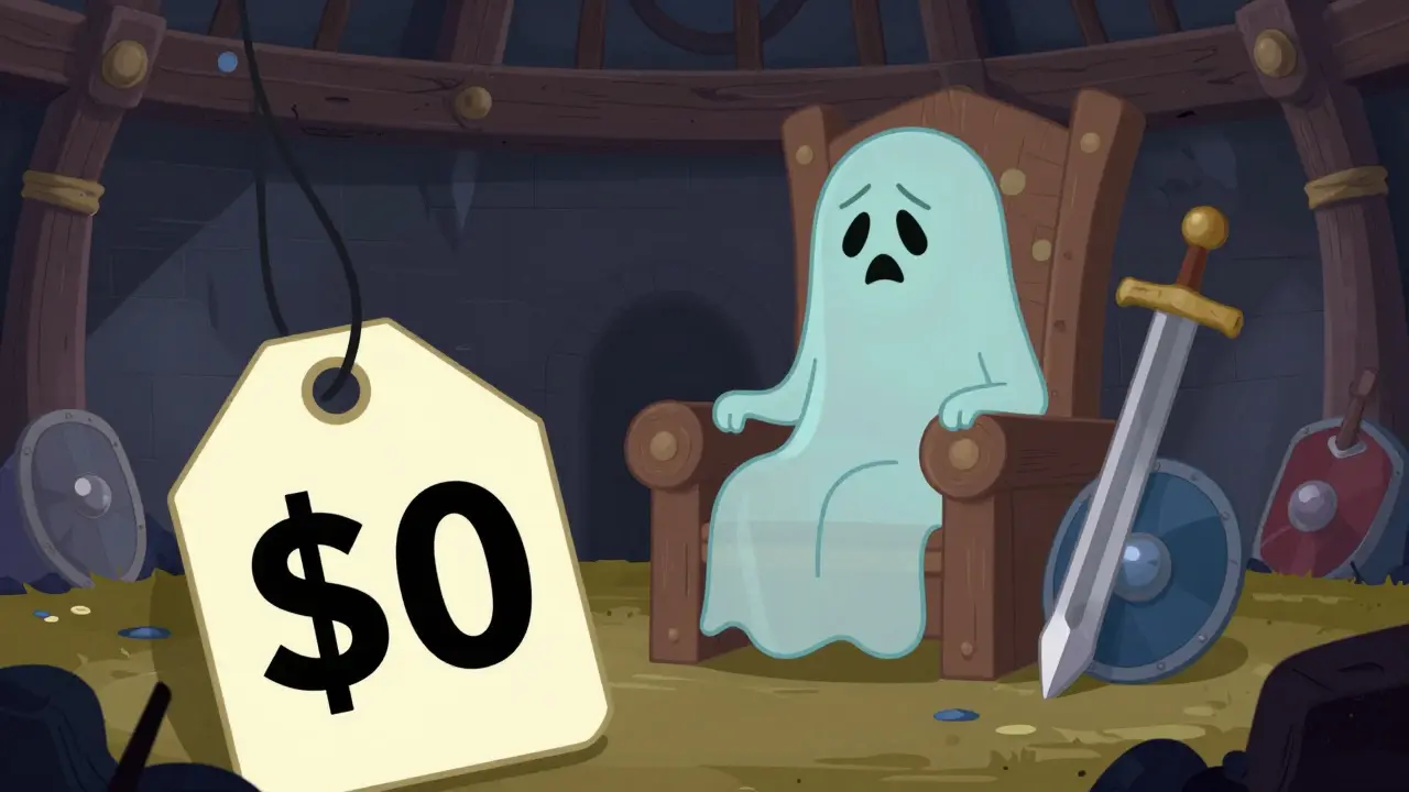 Ghostly Viking avatar in empty arena with zero dollar sign price tag