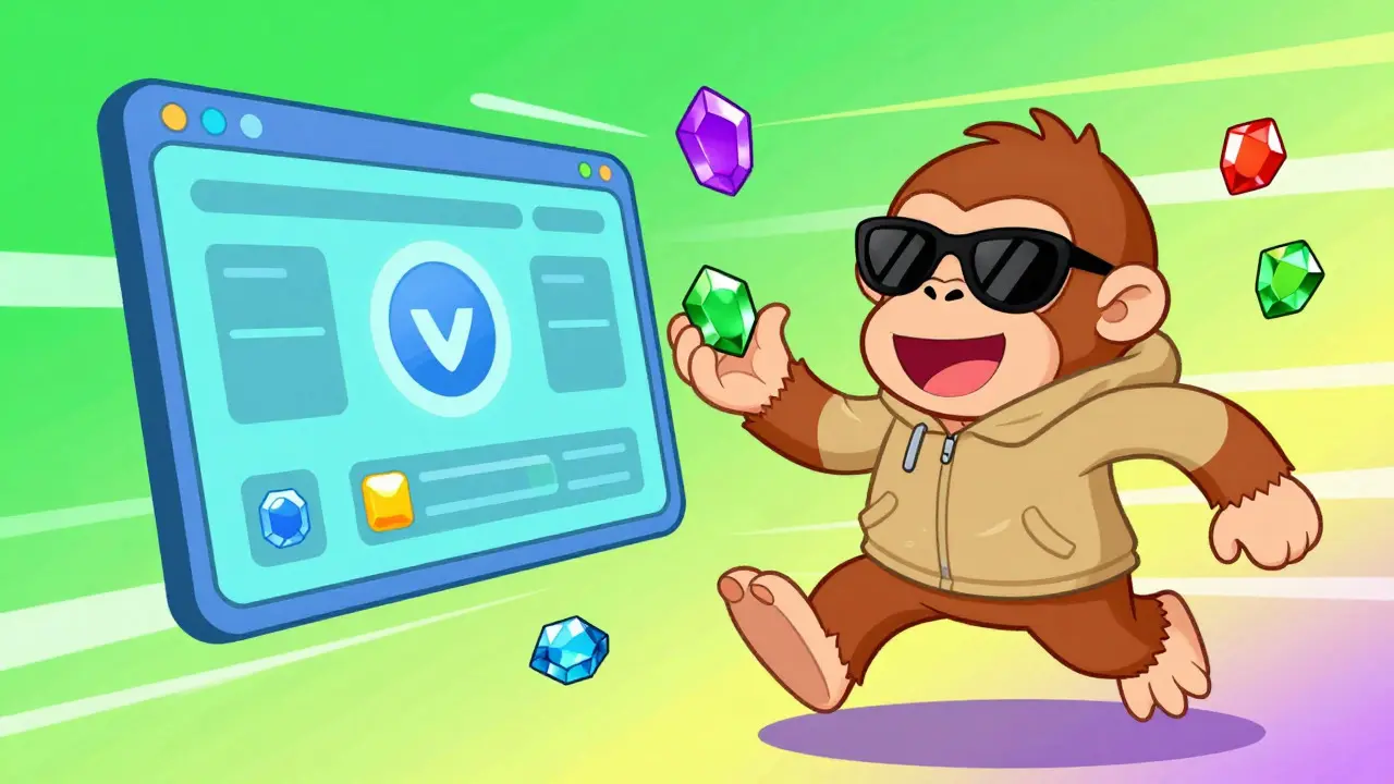 Happy ape character swapping tokens on a digital screen